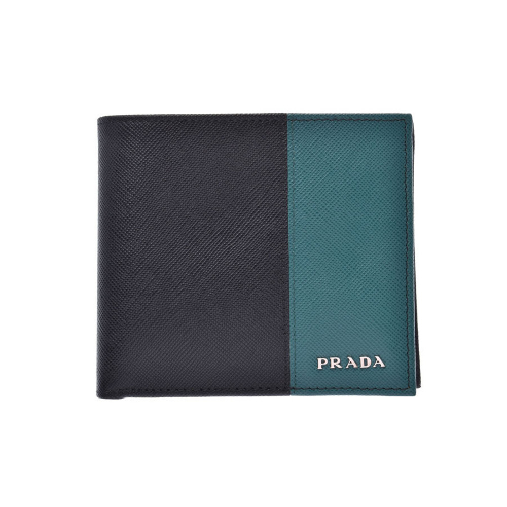 Prada Bi fold Wallet Black Blue Saffiano Leather